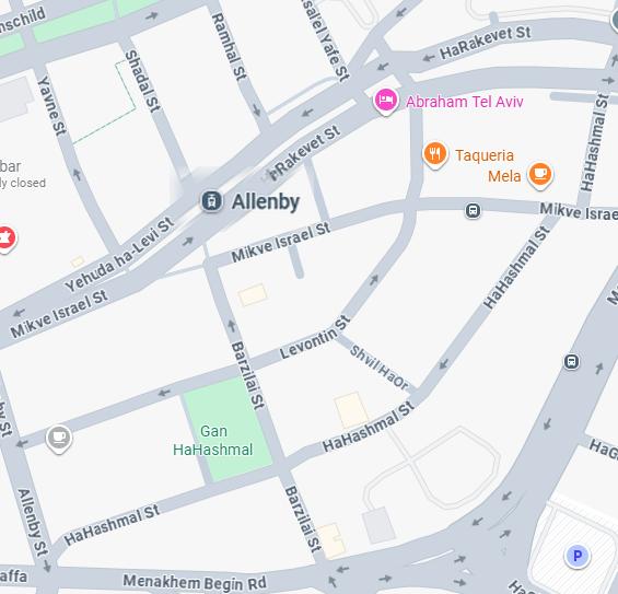 Map of the streets around Café HaHashmal, at the corner of Barzilai St and HaHashmal St, Tel Aviv, with the nearby Allenby light rail stop
